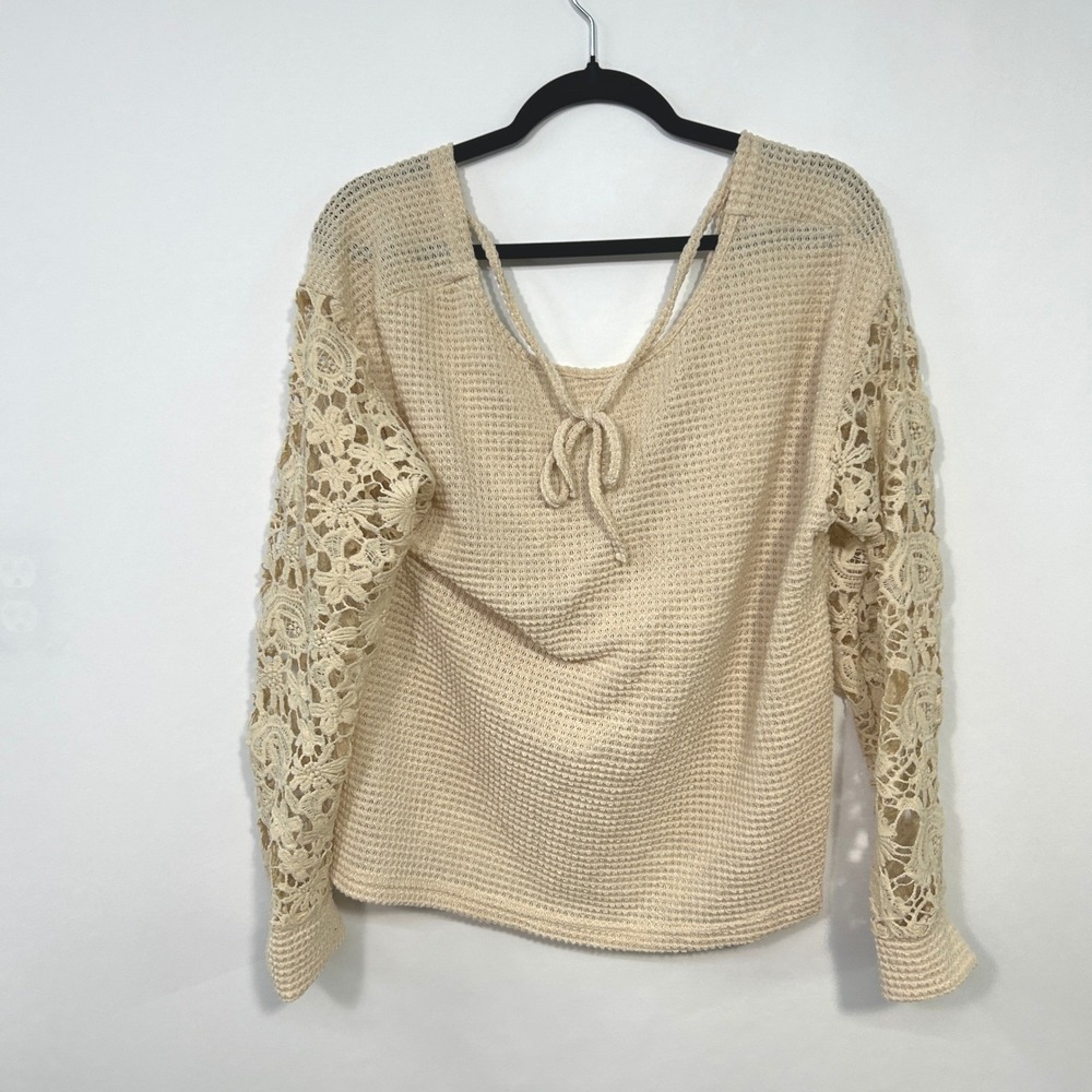 Waffle Knit Knot Front Sweater Romantic XL Beige Lace‎ Sleeve Boho Soft Indie - Picture 6 of 8
